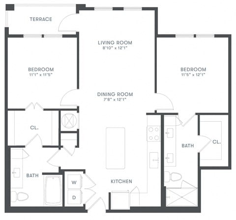 Floor plan for 2 beds, 2 baths, 1023 sqft